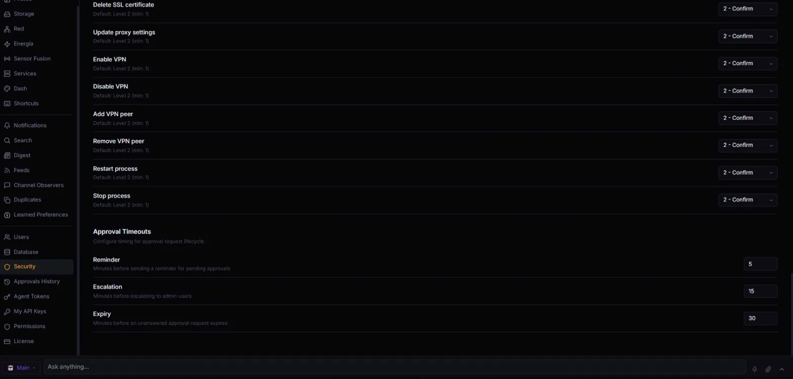 Settings → Security in the Dash: per-operation approval levels for VPN, processes and SSL certificates, and the three timeout knobs (Reminder / Escalation / Expiry) underneath.