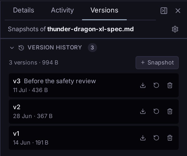 Version history: three snapshots of a product spec, with dates and sizes
