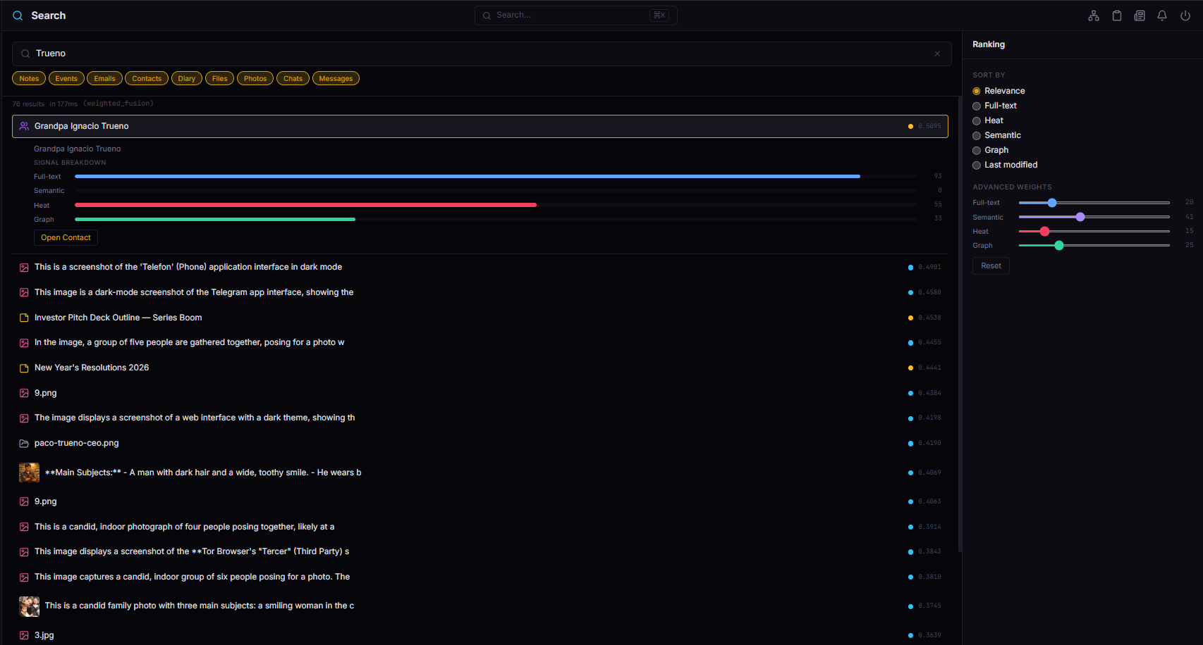 Search results with provenance breakdown showing per-signal scores as colored bars