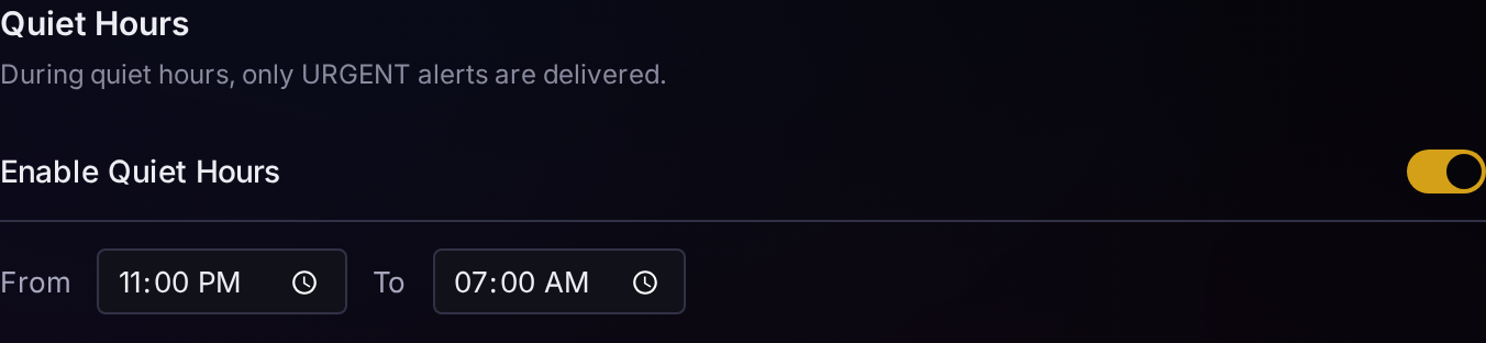 The real Quiet Hours settings configured for the demonstration from 11 PM to 7 AM