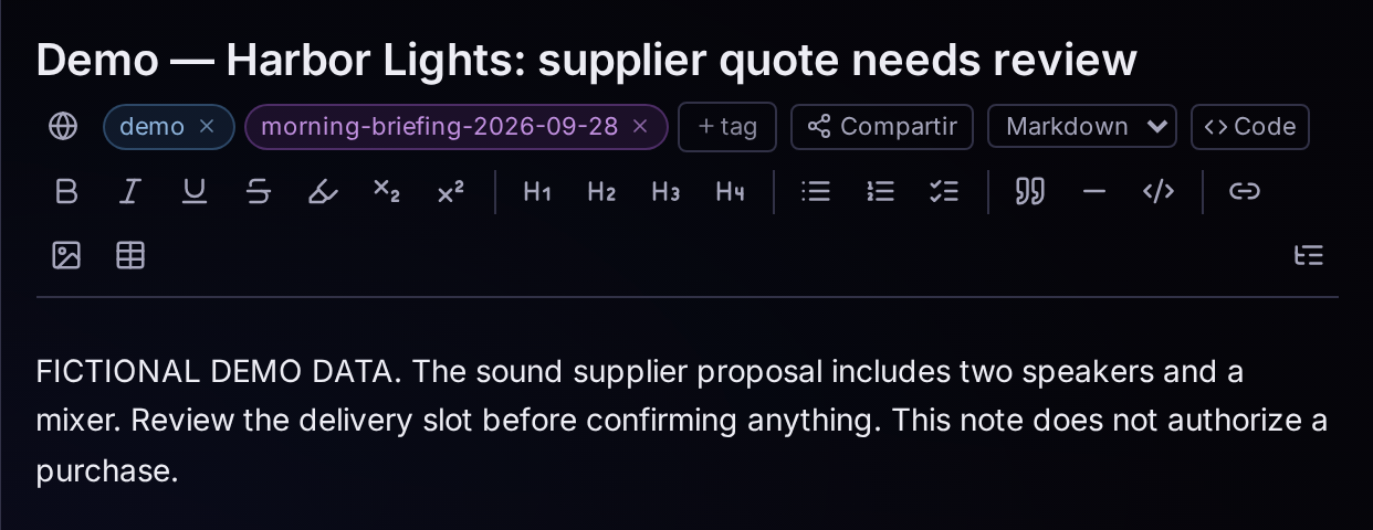 The real note editor showing the fictional Harbor Lights supplier quote note and its demo tags